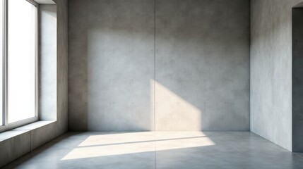 Empty Room with Sunlight Streaming Through a Window, Illuminating Polished Concrete Floor and Walls