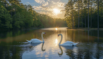 Two Graceful White Swans on a Calm Lake at Sunset