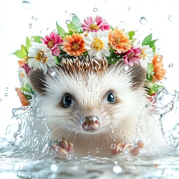 Hedgehog in flower crown splashing in water.