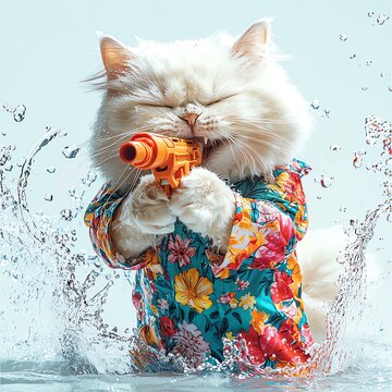 Playful cat splashes water with toy gun.
