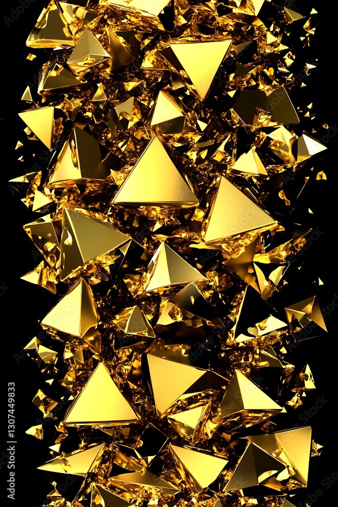Poster abstract accumulation of golden triangular pyramids on a black field