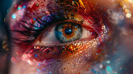 A futuristic macro shot of a woman's eye, blending cyberpunk aesthetics with ultra-realistic details. The iris glows with a mix of blue and amber hues, while shimmering particles and neon reflections 