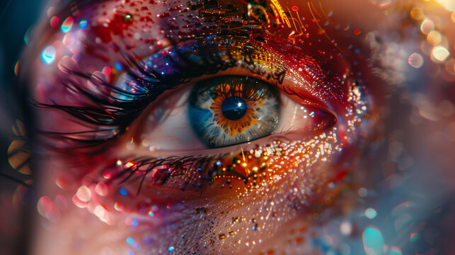 A futuristic macro shot of a woman's eye, blending cyberpunk aesthetics with ultra-realistic details. The iris glows with a mix of blue and amber hues, while shimmering particles and neon reflections 