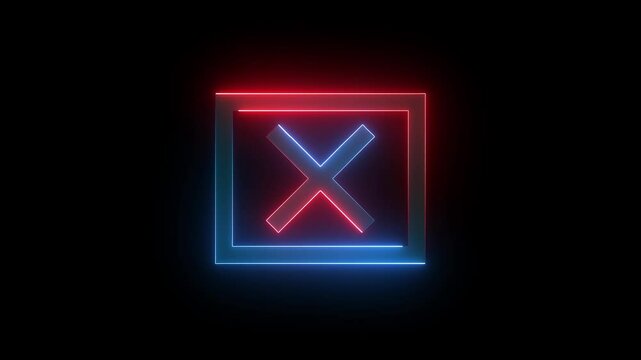 Neon Wrong sign cross icon saber animation on wrong cross black screen background.