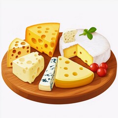 Cheese platter featuring a variety of cheeses with garnishes on a wooden board