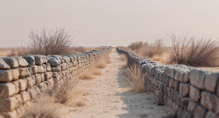 Obraz premium Ancient stone wall path through a dry landscape