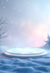Glowing white circular podium, multiple tiers, soft pink and blue misty background, sparkling stars, dreamy atmosphere, ethereal lighting, foggy ground, product display stand