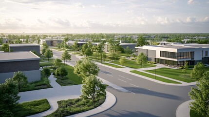 Contemporary urban landscape with modern buildings and green spaces under a bright sky.