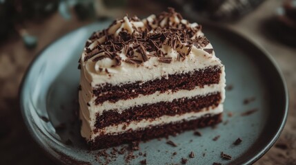 Decadent chocolate layer cake slice with whipped cream frosting and cocoa shavings