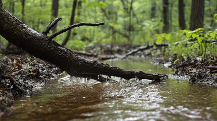 Naklejka premium Fallen log across a woodland stream after rain