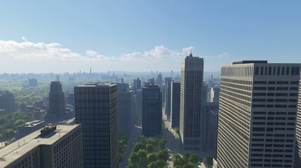 Fototapeta premium Urban skyline featuring modern skyscrapers and greenery under a clear blue sky.