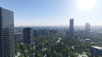 Fototapeta premium Urban skyline with modern architecture and lush greenery under bright sunlight.