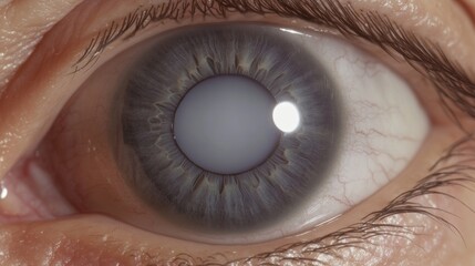 Close-Up Macro Shot of a Human Eye with Severe Cataracts and White Cloudy Pupil Obstructing Vision