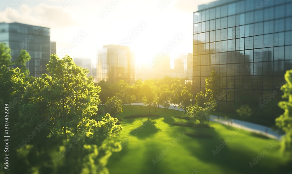 Poster urban park with sunlight filtering through trees and modern buildings in the background.
