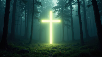 Eerie forest with glowing cross, representing Christian faith.