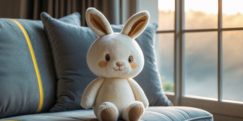 Cute plush bunny toy sitting on a cozy couch near a window.