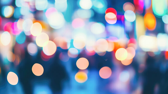 Vibrant urban nightlife with colorful blurred lights and bokeh effect