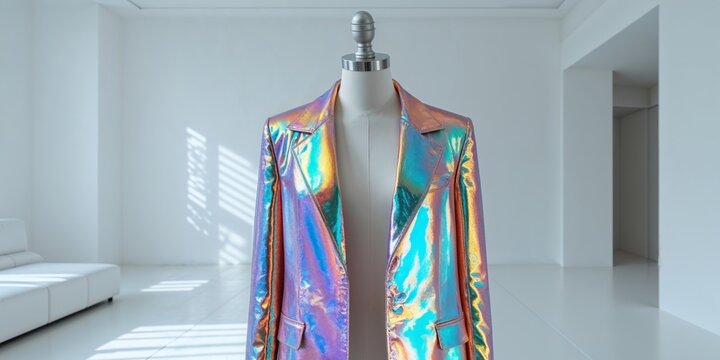 Colorful iridescent jacket on mannequin in bright modern room.