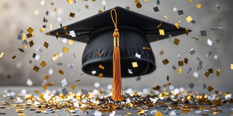 A playful capture of gold and silver confetti settling on a graduation cap with tassel visible