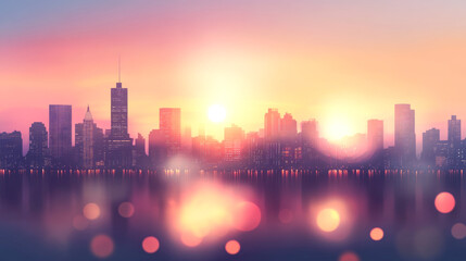 Serene urban sunset over city skyline with soft reflections and bokeh lights