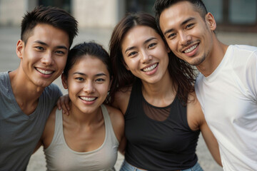 Fototapeta premium Portrait of happy young Asian people having fun together and looking at camera