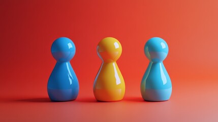 Three small figures are standing on a red background