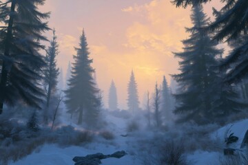 Tall pine trees covered with snow create a majestic winter wonderland in a tranquil forest, bathed in the warm glow of the setting sun