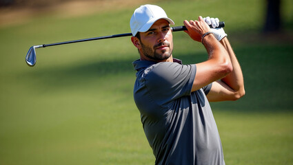 Golfer performing swing on lush green course
