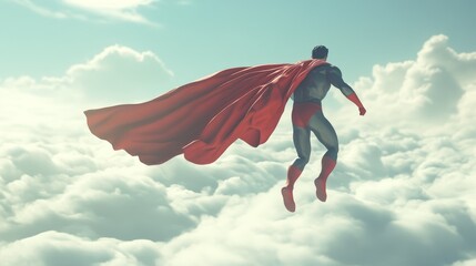 A man in a red cape flies through the sky
