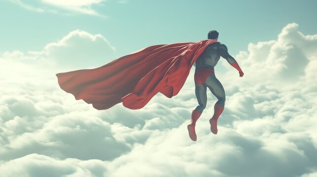 A man in a red cape flies through the sky