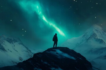 Fototapeta premium Hiker standing on a rock admiring spectacular aurora borealis in a snowy mountain landscape
