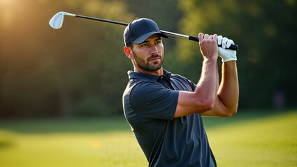 Golfer swinging golf club on course during sunset