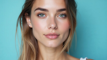 Fototapeta premium Beautiful woman with long blond hair and blue eyes posing on turquoise background