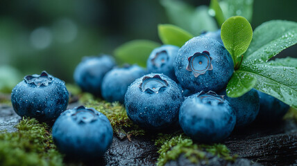Blueberries in the forest. Berries on moss. Blueberries in a basket.