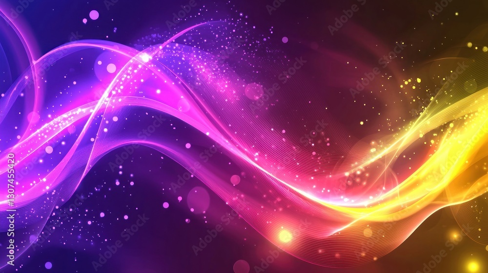 Poster an abstract background featuring flowing waves and sparkling particles of color