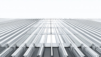 Fototapeta premium Modern architectural facade with symmetrical metallic lines and glass panels