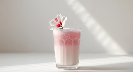 Glass of hibiscus vanilla almond milk cooler with flower garnish on top.