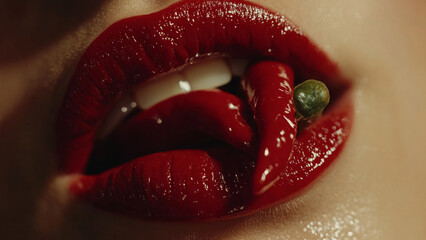 Glossy red lips biting a hot chili pepper, creating a bold and seductive visual.