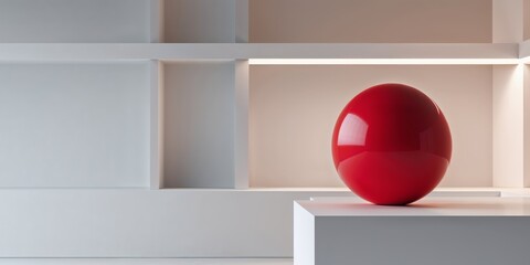 Abstract Geometric Display With Red Sphere And White Shelves