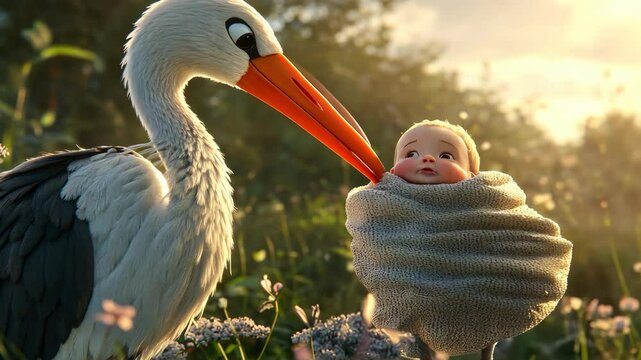 Cartoon stork with baby. Selective focus