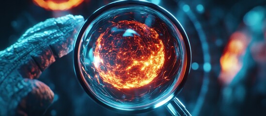 Robotic hand examines fiery sphere under a magnifying glass.
