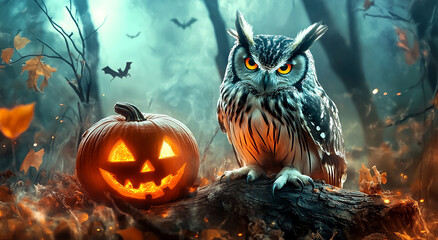 Fototapeta premium Halloween design with an owl and pumpkin on background ai generated