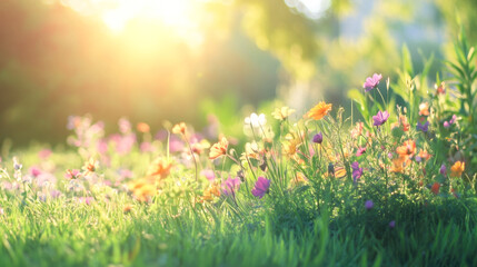 Fototapeta premium Vibrant wildflowers blooming in sunlit meadow with lush greenery