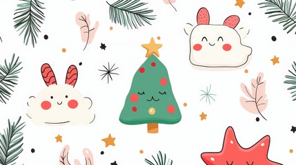 Cute Christmas characters and elements seamless pattern.