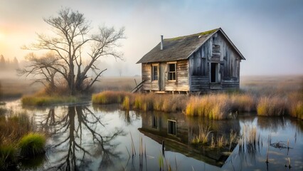 Obraz premium Eerie Abandoned Cabin in a Foggy Marsh with Mysterious Light