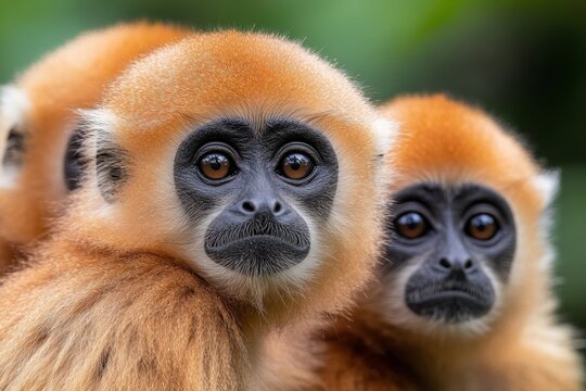 A family of gibbons brachiating through the treetops, their long arms stretched between branches