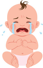 Crying baby with tears in a minimal style, expressing sadness and distress in a colorful vector illustration