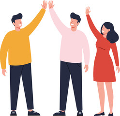 Fototapeta premium Three cheerful individuals celebrating with raised hands in a minimal, colorful design style, showcasing joy and camaraderie in this vector illustration
