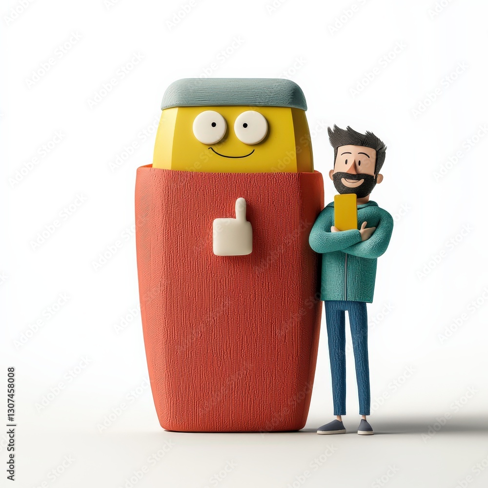 Poster spam call phone security concept. cheerful character with a quirky mustard bottle and a smiling man 