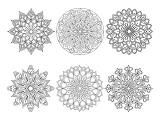 Set of mandala with floral elements, coloring page in the shape of a circle with patterns